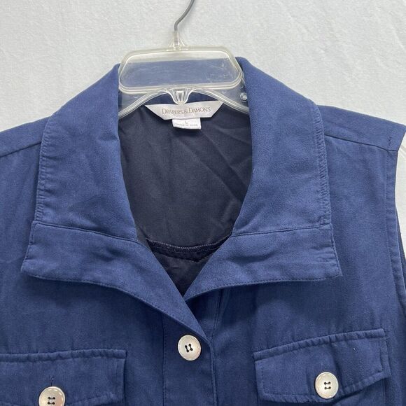 Drapers & Damons Vest Large Navy Blue Utility Pockets Cinch Waist Gold Buttons - Picture 2 of 11